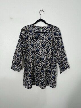 Dolma Aurora Navy Cream Cotton Tunic Size Large Bohemian